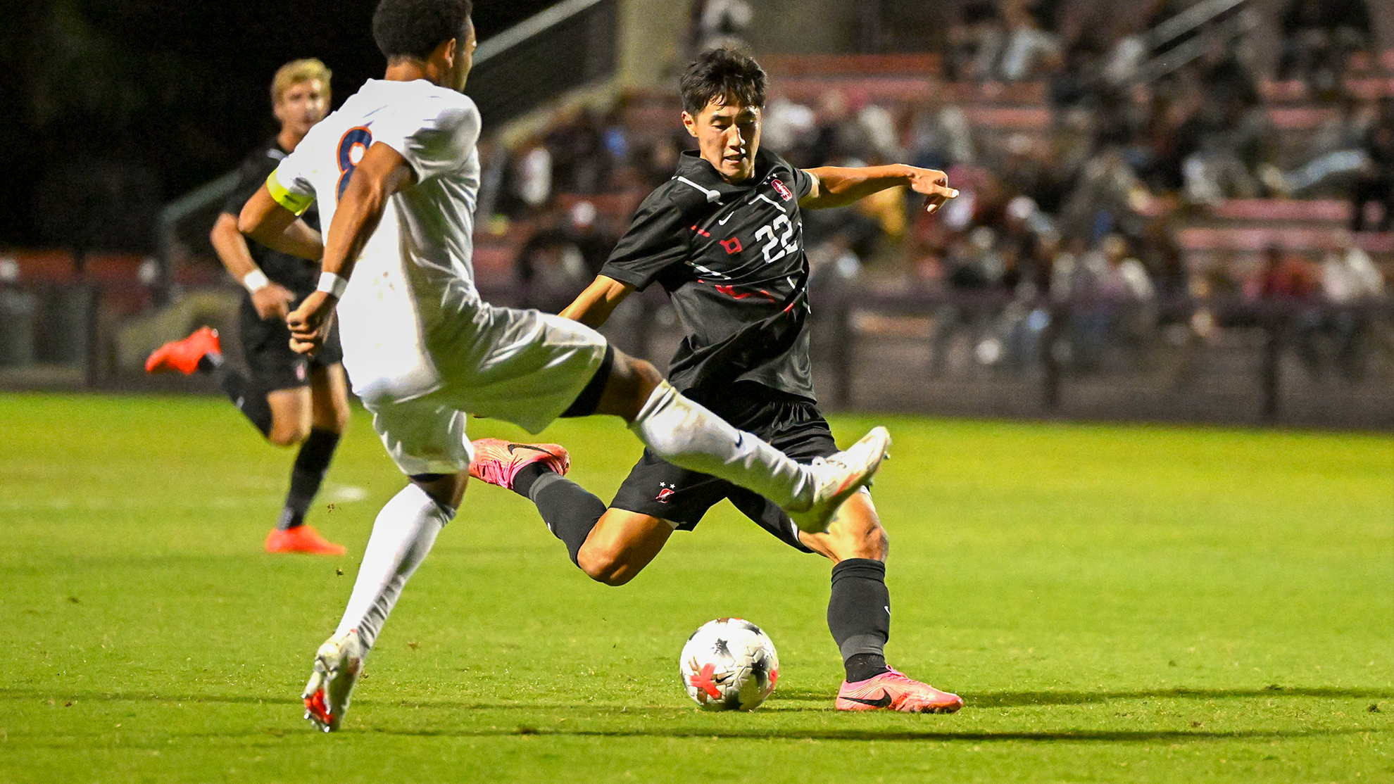 Stanford soccer team playing against Virginia at Cagan Stadium